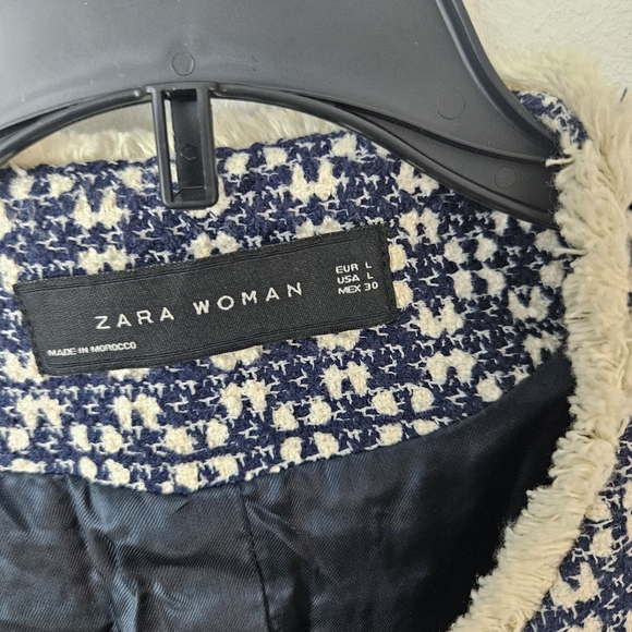 Zara That Viral Coat Blue White Tweed Frayed Size Large - Picture 5 of 7